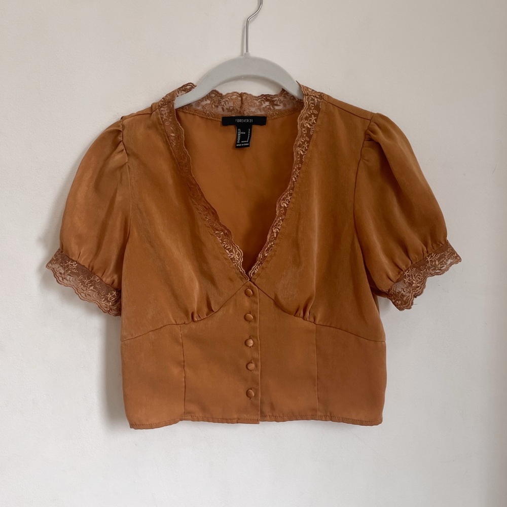 Forever 21 Rust Orange Lace-Trim Puff Sleeve Blouse